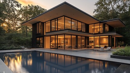 Modern Luxury Home With Pool Reflecting Golden Sunset Forest Ambiance Stock Photo