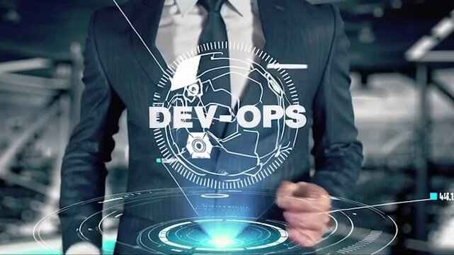 Businessman presenting DevOps automation network icon, representing streamlined software delivery, agile collaboration, and continuous innovation in modern IT development environments

