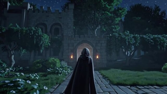 prince sneaking out of the castle in a cloak at midnight