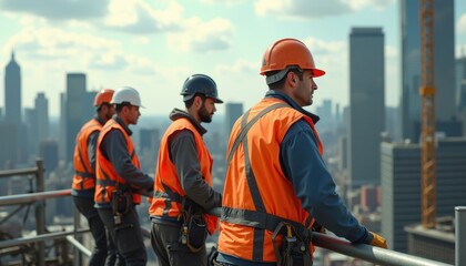 Workers in safety vests on skyscraper site
