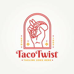 minimalist hand holding a taco line art emblem icon logo vector illustration design. simple modern mexican fast food restaurant badge logo concept
