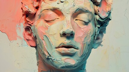 Impasto portrait of serene face, pastel colors.