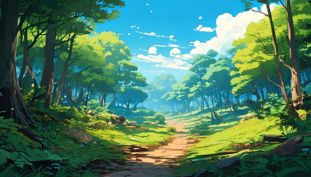 Digital Illustration of a Peaceful Woodland Path