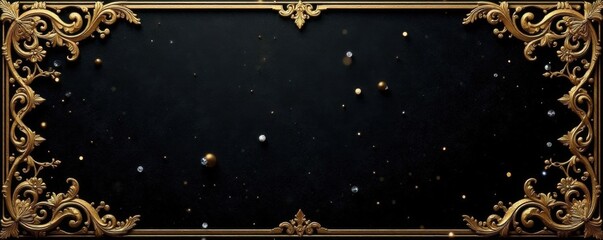 Intricate gold filigree on black velvet background with scattered diamonds and subtle textures, metallic, luxury, elegance