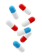 a bunch of falling red and blue pills 3d render illustration isolated on transparent background. Drug capsules floating in the air. 