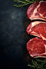 Juicy Raw Ribeye Steaks with Rosemary and Peppercorns