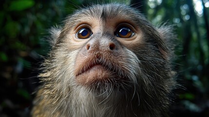 Curious Monkey Closeup Expressive Eyes, Fine Facial Fur and Whiskers, Jungle Wildlife Portrait, Primate Emotion and Alert Gaze, Rainforest Exploration Scene