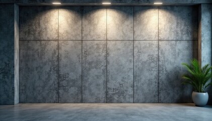 Modern grey concrete wall with metal grid and LED lights, backdrop, modern, metal