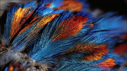 Parrot Feather Closeup Vibrant Texture, Colorful Plumage in Green Yellow Red, Macro View of Tropical Bird, Fine Detail and Structure, Nature’s Pattern and Jungle Beauty