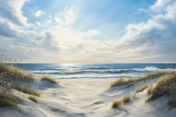 Tranquil Harmony at the Mild Coastal Edge: A Serene Blend of Sea, Sky, and Shoreline Serenity
