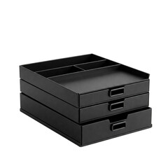 A sleek, modern black organizer stacking three drawers and a divided top tray, perfect for a minimalist workspace offering efficient storage solutions.