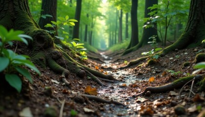 Fototapeta premium Muddy forest floor with tangled roots and fallen branches, grunge, roots, forest