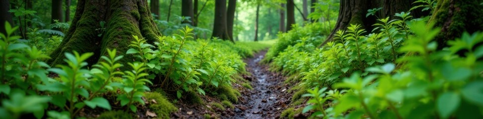 Muddy forest path with overgrown ferns and moss, outdoors, grunge