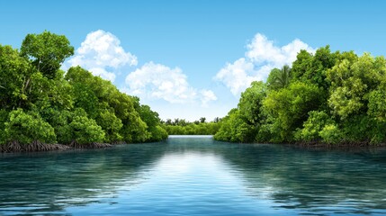 Obraz premium Serene Mangrove Waterway Under a Bright Blue Sky