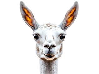 Obraz premium Photo of Llama Face Closeup with White Fur and Brown Eyes Isolated