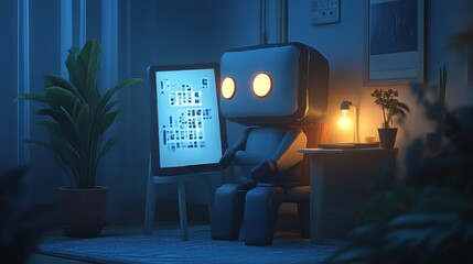 Cozy Evening with a Futuristic Robot Reading a Book in a Warmly Lit Room