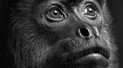 Howler Monkey Closeup Intense Eyes, Expressive Primate Portrait in Black and White, Jungle Mammal Macro Texture, Emotional Wildlife Detail, Deep Forest Atmosphere