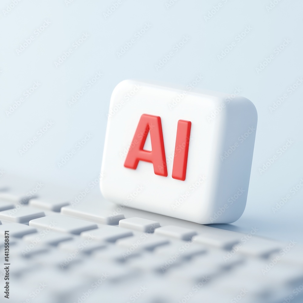 Poster ai technology concept red ai letters on white block above keyboard