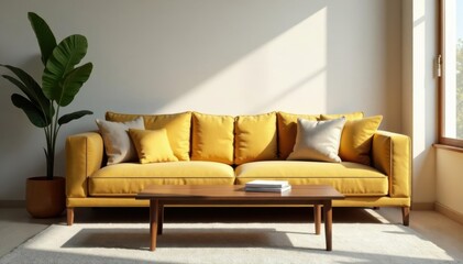 Warm beige sofa placed beside dark wood coffee table, beige, wooden furniture