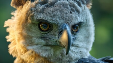 Wildlife Majesty Harpy Eagle Closeup, Intense Gaze of Raptor, Feather Detail and Sharp Beak, Portrait in Jungle Light, Nature Conservation Symbol