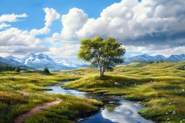 Serene Mountain Meadow Landscape with Solitary Tree and Stream