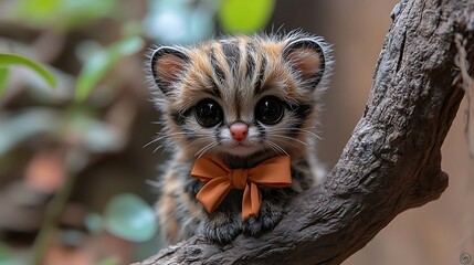 Adorable baby ocelot with bow tie on tree branch
