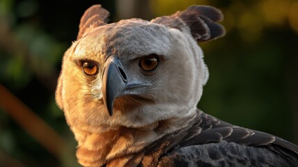 Wildlife Majesty Harpy Eagle Closeup, Intense Gaze of Raptor, Feather Detail and Sharp Beak, Portrait in Jungle Light, Nature Conservation Symbol