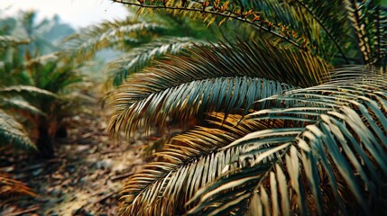 Tropical Palm Leaves Closeup Texture, Exotic Rainforest Vegetation Pattern, Sunlight Through Fronds, Natural Jungle Environment, Warm Earthy Forest Ground