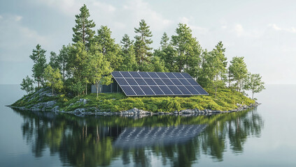 Obraz premium Secluded solar-powered cabin on a tranquil island, surrounded by lush greenery and reflecting in the calm water. A sustainable and peaceful retreat.