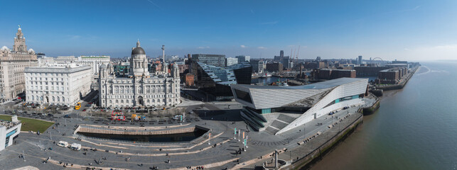 Aerial image of Liverpool's waterfront showing the Royal Liver Building, Port of Liverpool...