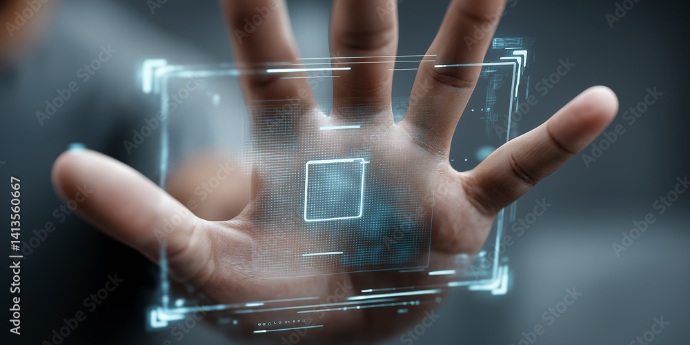 Poster businessman using digital hologram for fingerprint security access control