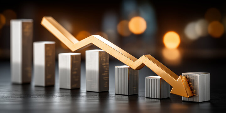Gold arrow pointing down representing falling stock market values with silver bars