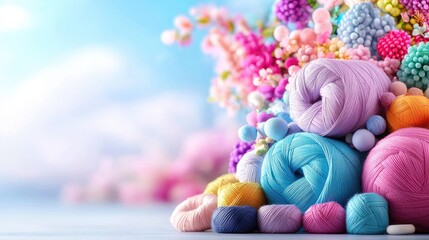Pastel yarn and candy shapes playful and colorful background for crafts and hobbies