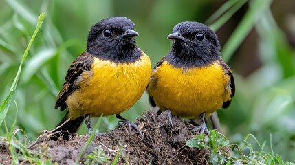 Two small birds perched on a patch of dirt.  Close-up view of vibrant yellow and black plumage