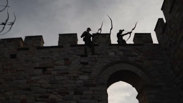 Archers launching arrows during a castle siege