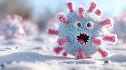 Cute cartoon virus in snowy landscape