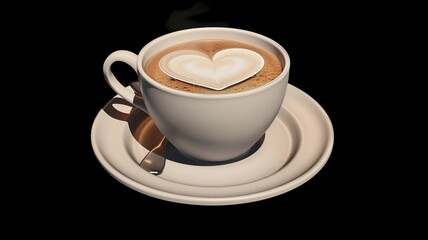 Fototapeta premium Photorealistic image of a steaming cup of cappuccino with a foam heart design