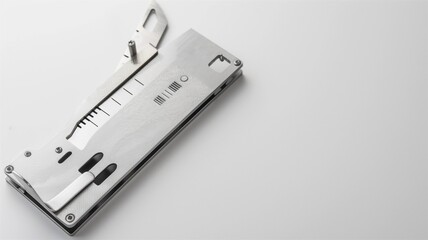 Photorealistic image of a stainless steel multi-tool card with etched labels on a white background