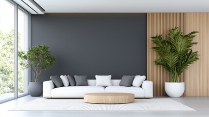 Modern minimalist living room interior design with white sofa and potted plants