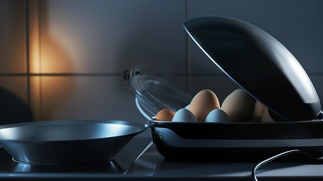 Photorealistic image of a smart egg cooker with audible alert in a studio setting