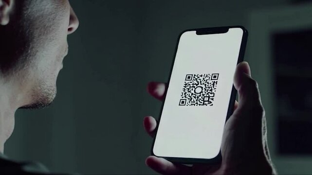 Man discreetly scanning QR code in private setting, implying confidential access, hidden content, or secure communication involving a mysterious or secretive context

