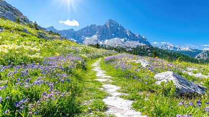 Picturesque mountain meadow path leading to majestic peaks under sunny sky