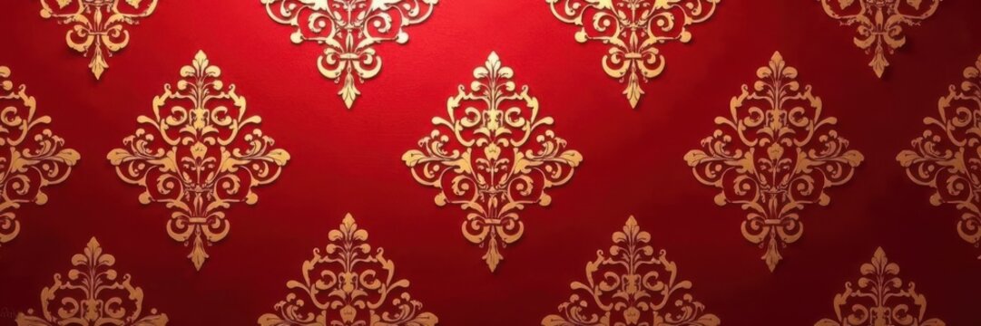 Rich red damask wallpaper featuring gold accents and lavish scrollwork, high end interior, opulence