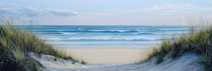 Tranquil Harmony at the Mild Coastal Edge: A Serene Blend of Sea, Sky, and Shoreline Serenity