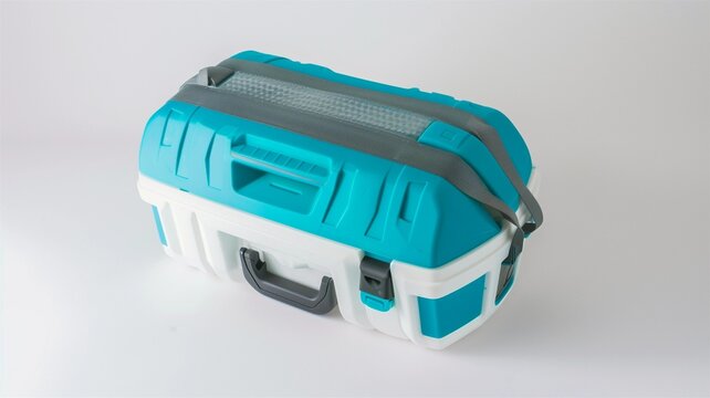 Photorealistic image of a rechargeable storage box with ergonomic design on a white background