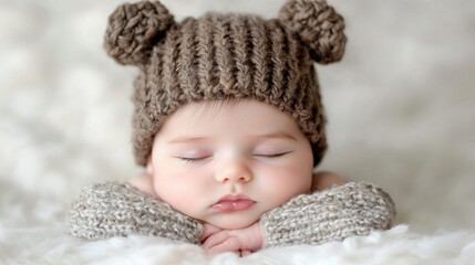 Adorable newborn baby sleeping in knitted bear hat soft neutral colors peaceful infant child photography