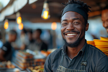 Fototapeta premium A man with a black apron and a black shirt is smiling