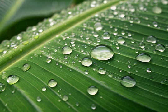 water drops on leaf, water drops on banana leaf - Powered by Adobe