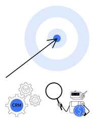 Arrow hitting target symbolizes success, with CRM gears, robot analyzing data, and magnifying glass. Ideal for business strategy, customer insights, technology, automation, goal management