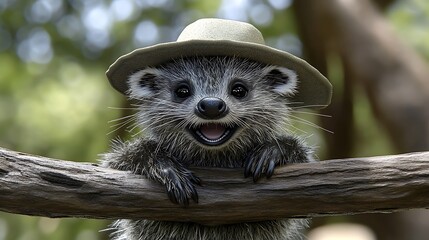 Adorable primate in hat happy wildlife animal portrait